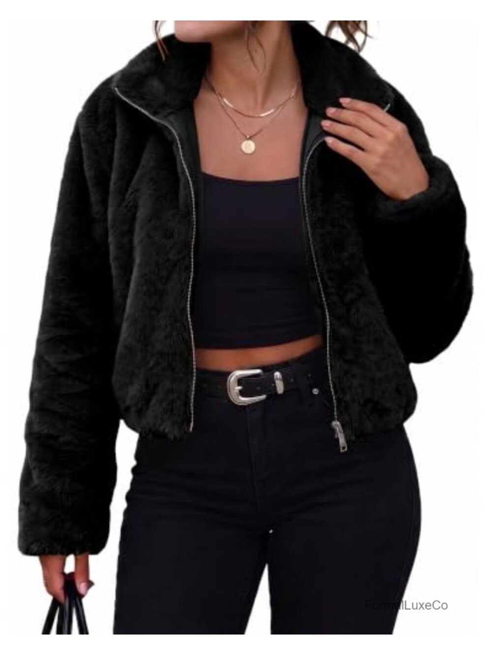 Faux Fur Cropped Jacket Women Full Zip Fuzzy Winter Coat